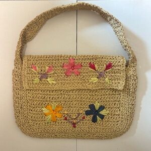 VINTAGE Floral Embroidered Tan Woven Bag